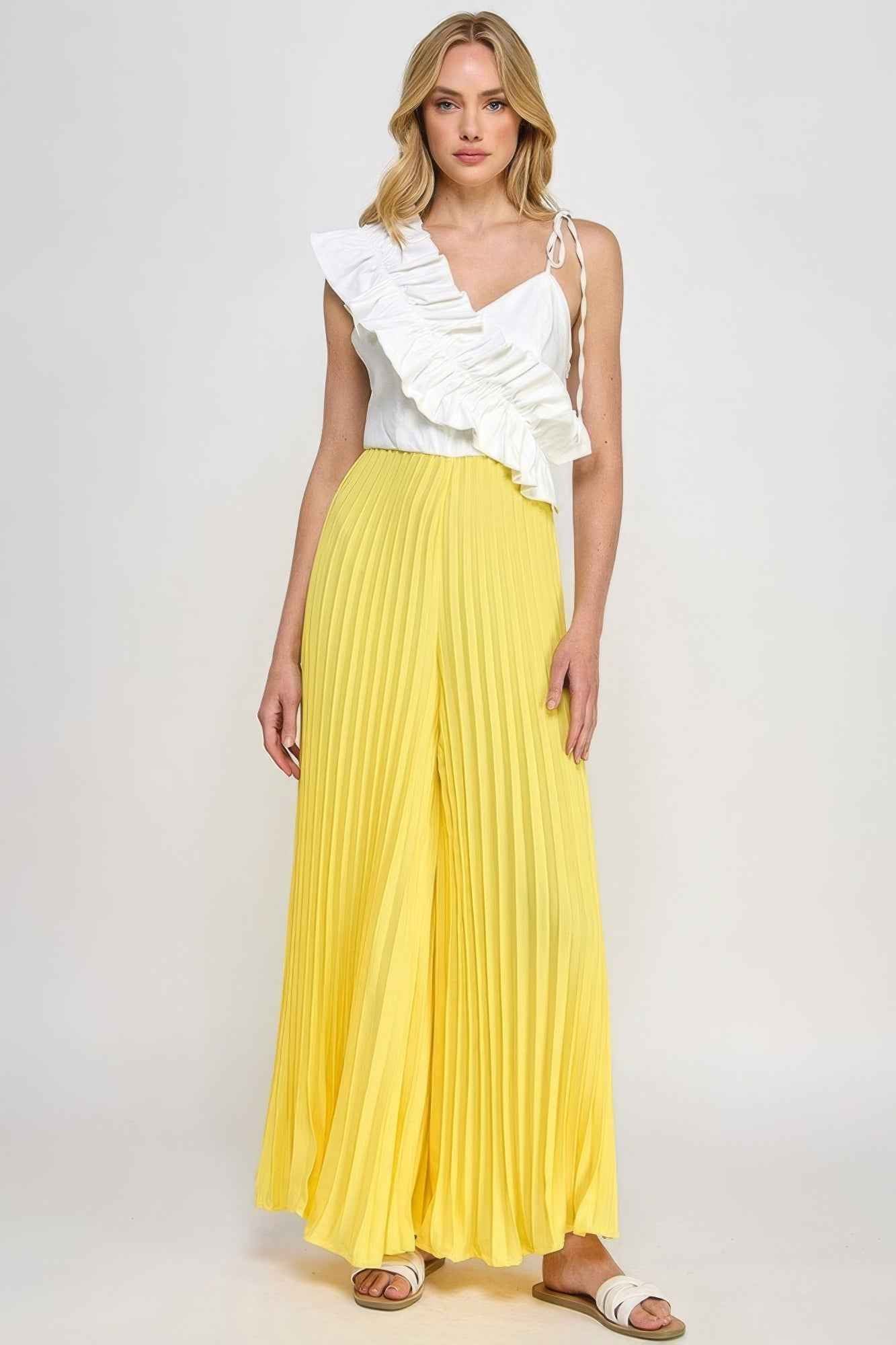 Cami Asymmetrical Ruffle Detail Pleated Bottom Jumpsuit – white, fashion, women style