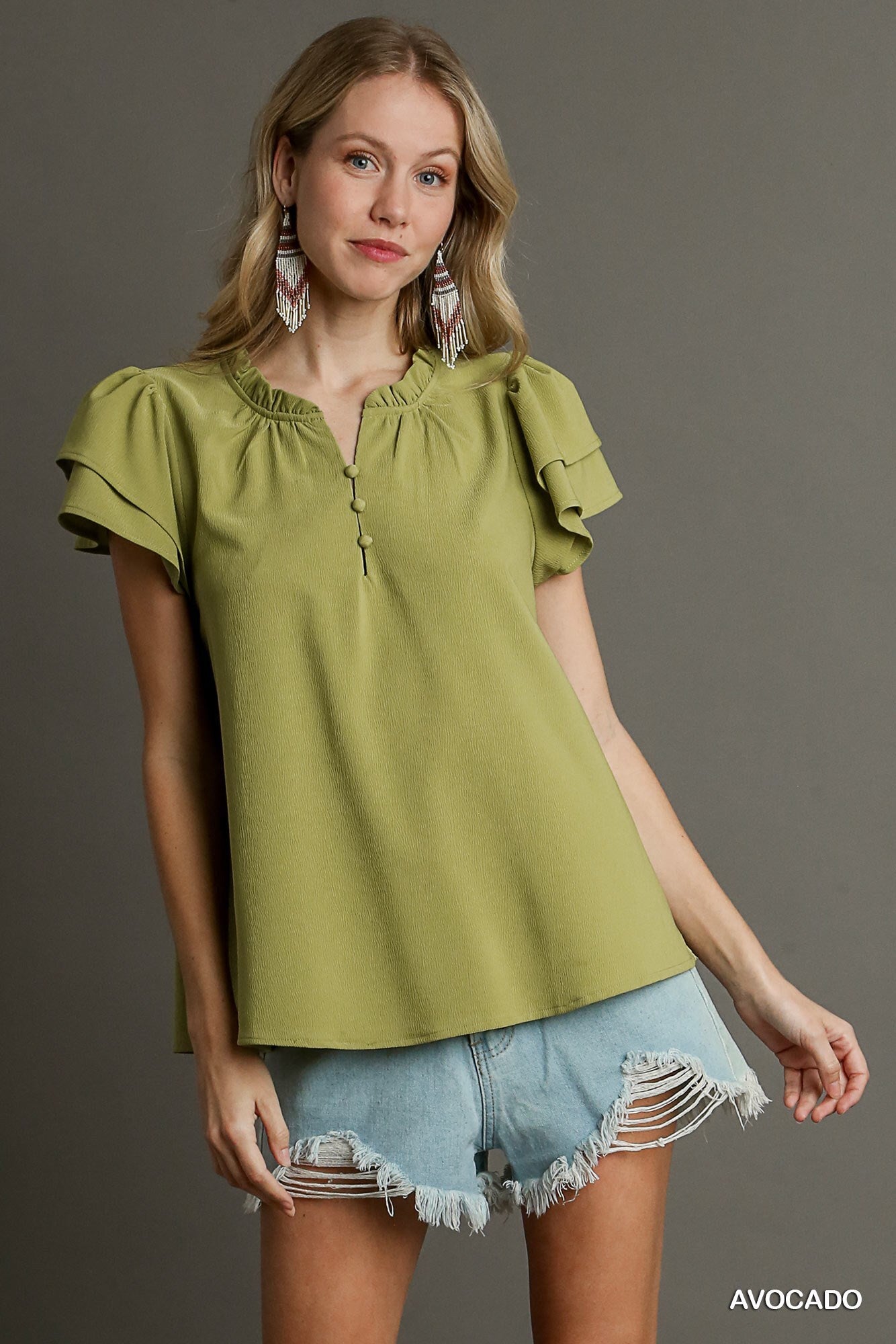 Sale - Boxy Cut Faux Button Ruffle Neckline Top With Short Layered Sleeves – On Sale Now