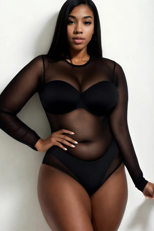 Plus Size Beautiful Sheer Mesh Long Sleeve Bodysuit