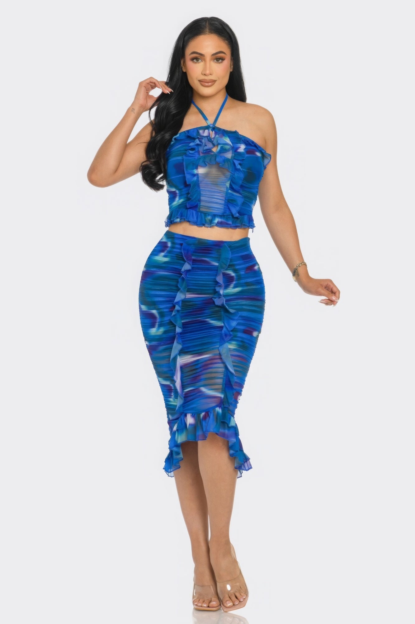 Tropical Waters Print Mesh Ruffle Halter Skirt Set-Product Type | Naughty Smile Fashion