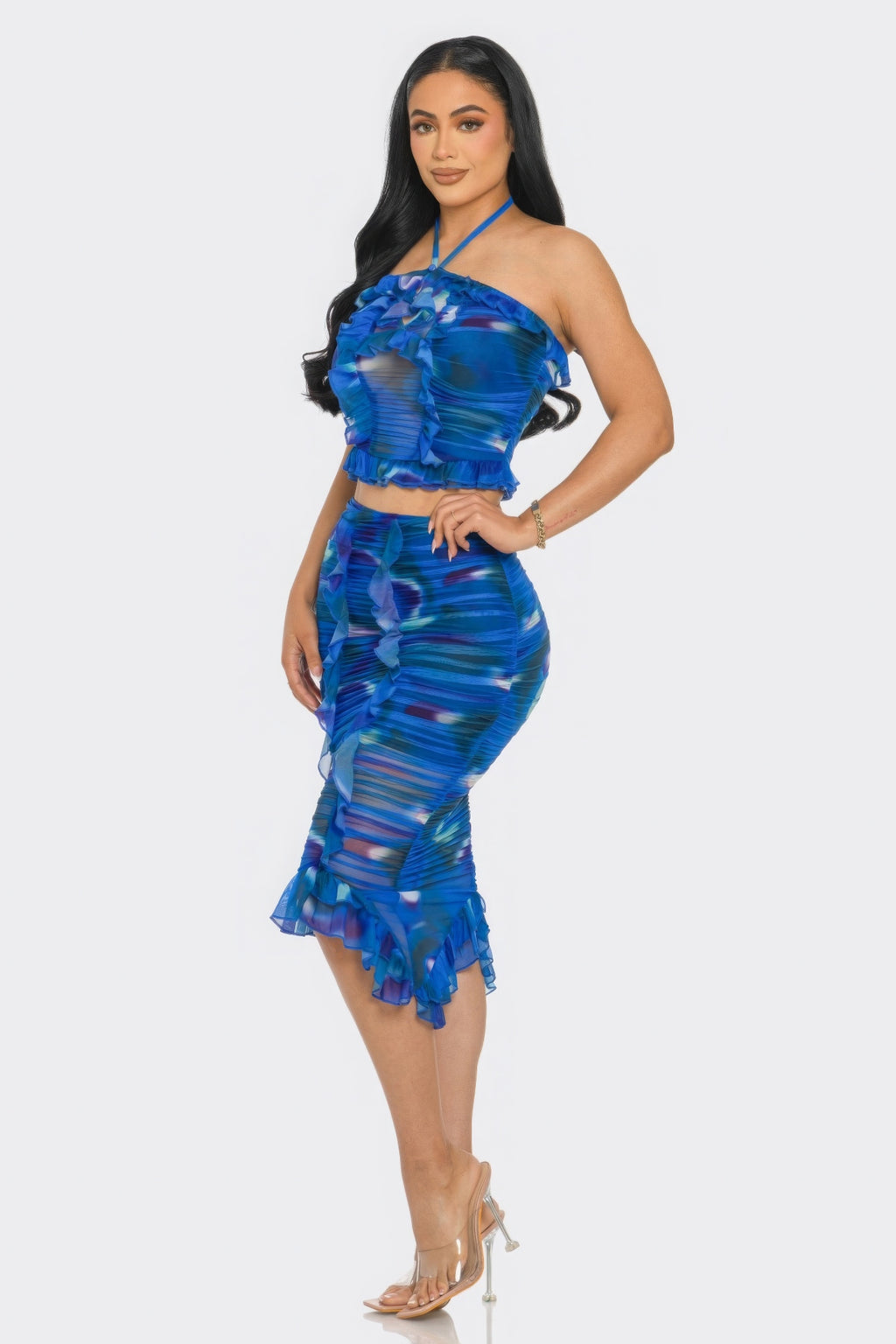 Tropical Waters Print Mesh Ruffle Halter Skirt Set-Product Type | Naughty Smile Fashion