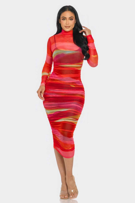 New Arrival – Glitch Print Mesh Ruched Midi Dress – New Arrival Now Live