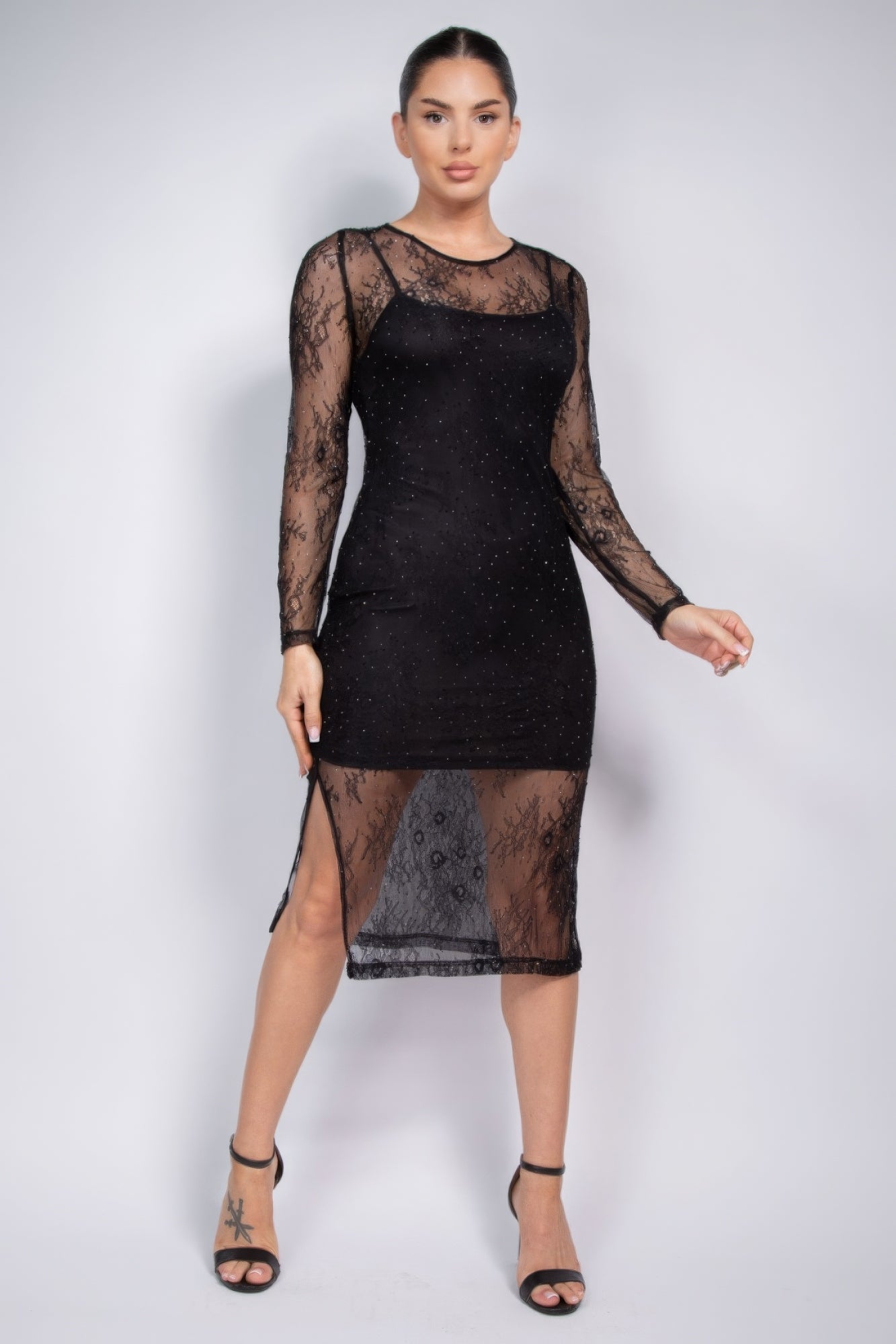Lace Rhinestone-studded Slit Midi Dress-Product Type | Naughty Smile Fashion