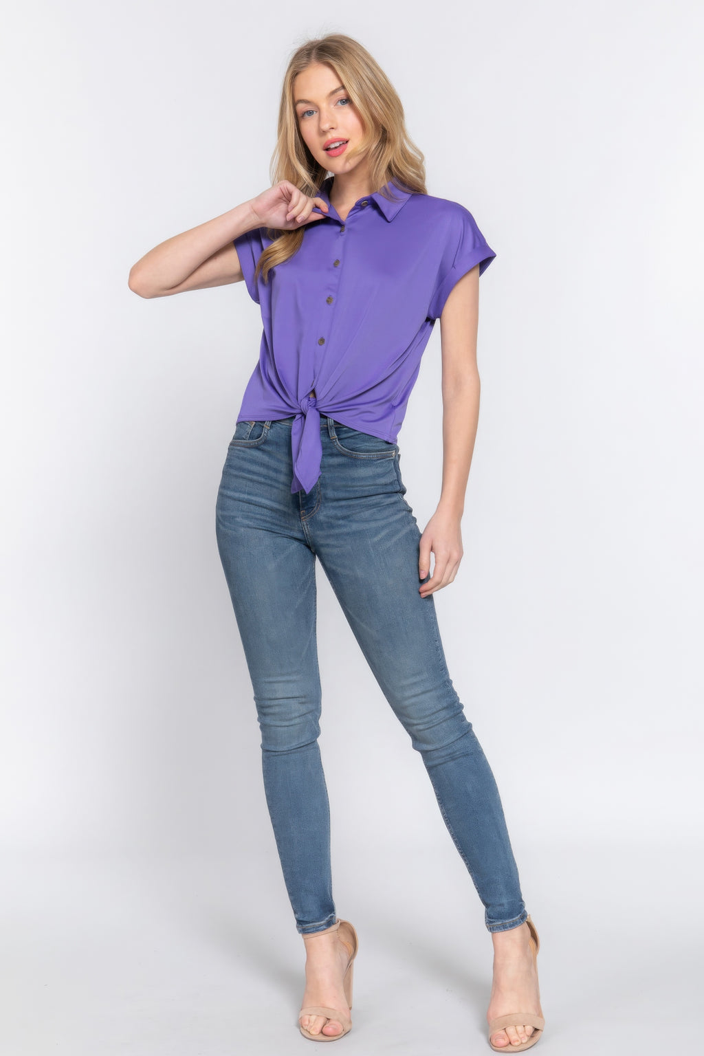 Short Slv Front Tie Stretch Ity  Top-Product Type | Naughty Smile Fashion
