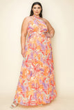 Chiffon Printed Pleated Cross Halter Key Hole Front Smocked Waist Maxi Dress