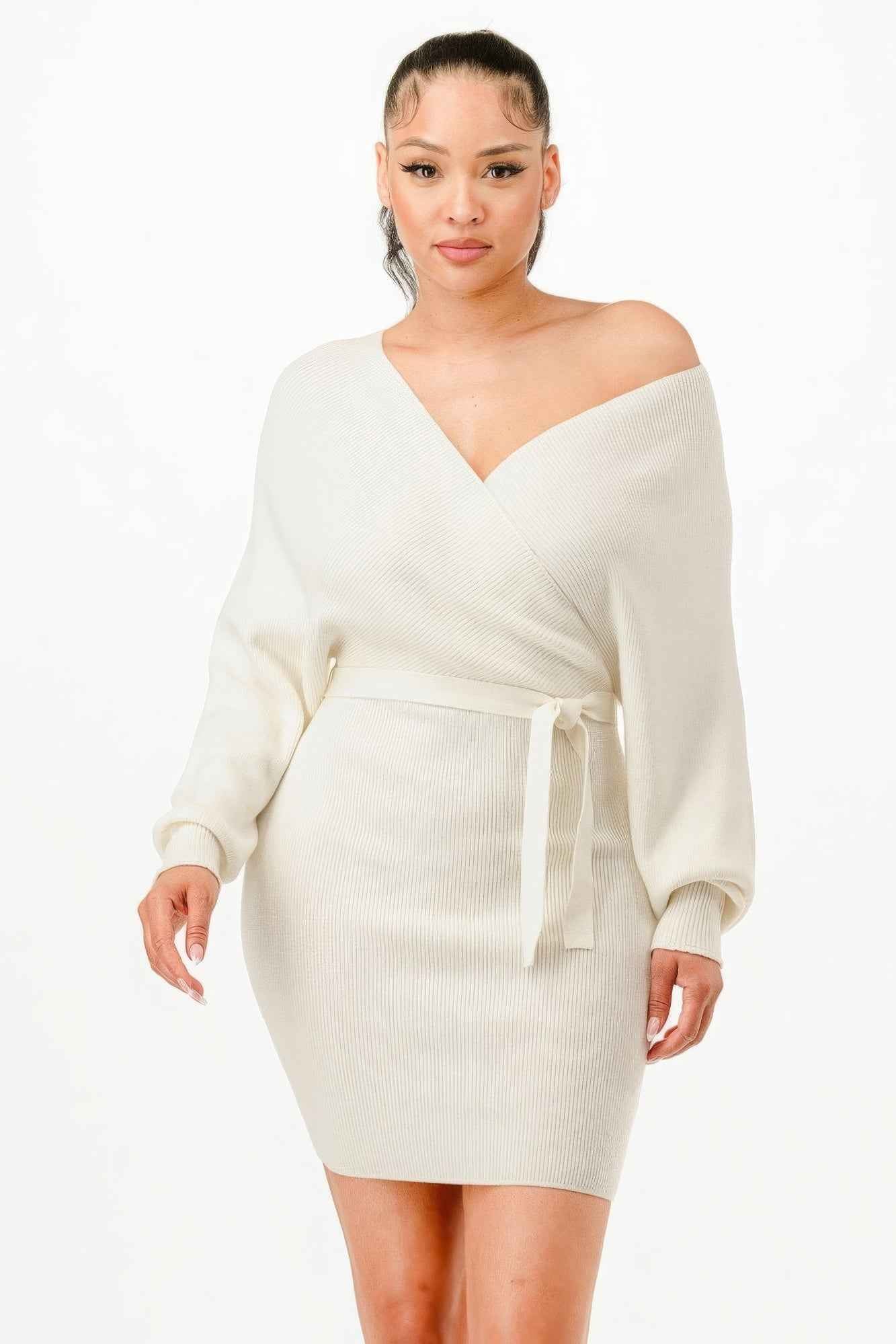 New Arrival – Off Shoulder Wrap Belted Ribbed Sweather Dress – New Arrival Now Live