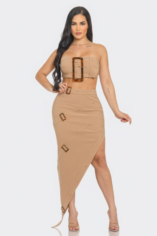 New Arrival – Front Eyelet Buckle Belt Top And Skirt Set – New Arrival Now Live