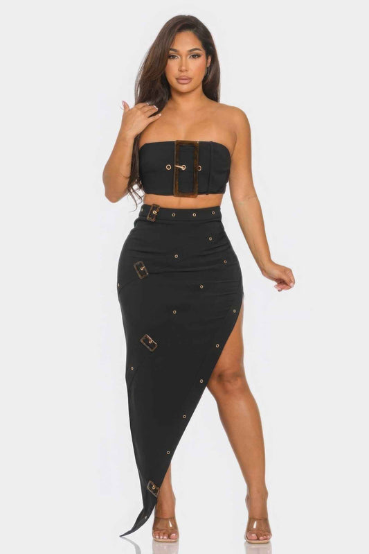 New Arrival – Front Eyelet Buckle Belt Top And Skirt Set – New Arrival Now Live