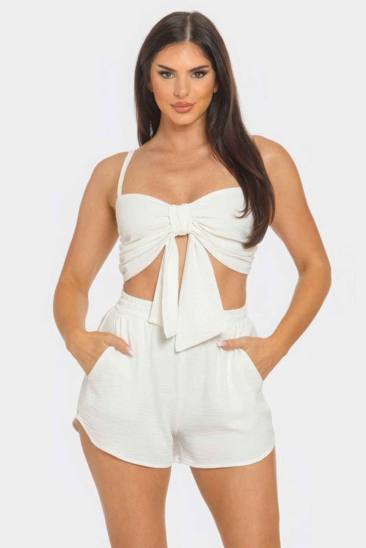 New Arrival – Front Oversized Bow Twisted Tie Top And Shorts Set – New Arrival Now Live