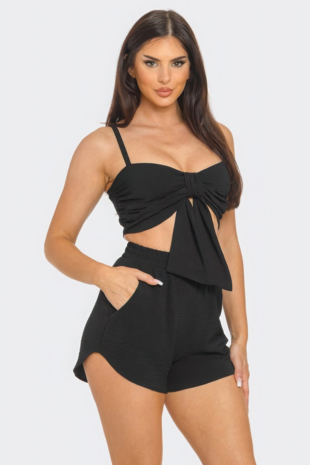 Front Oversized Bow Twisted Tie Top And Shorts Set-Product Type | Naughty Smile Fashion