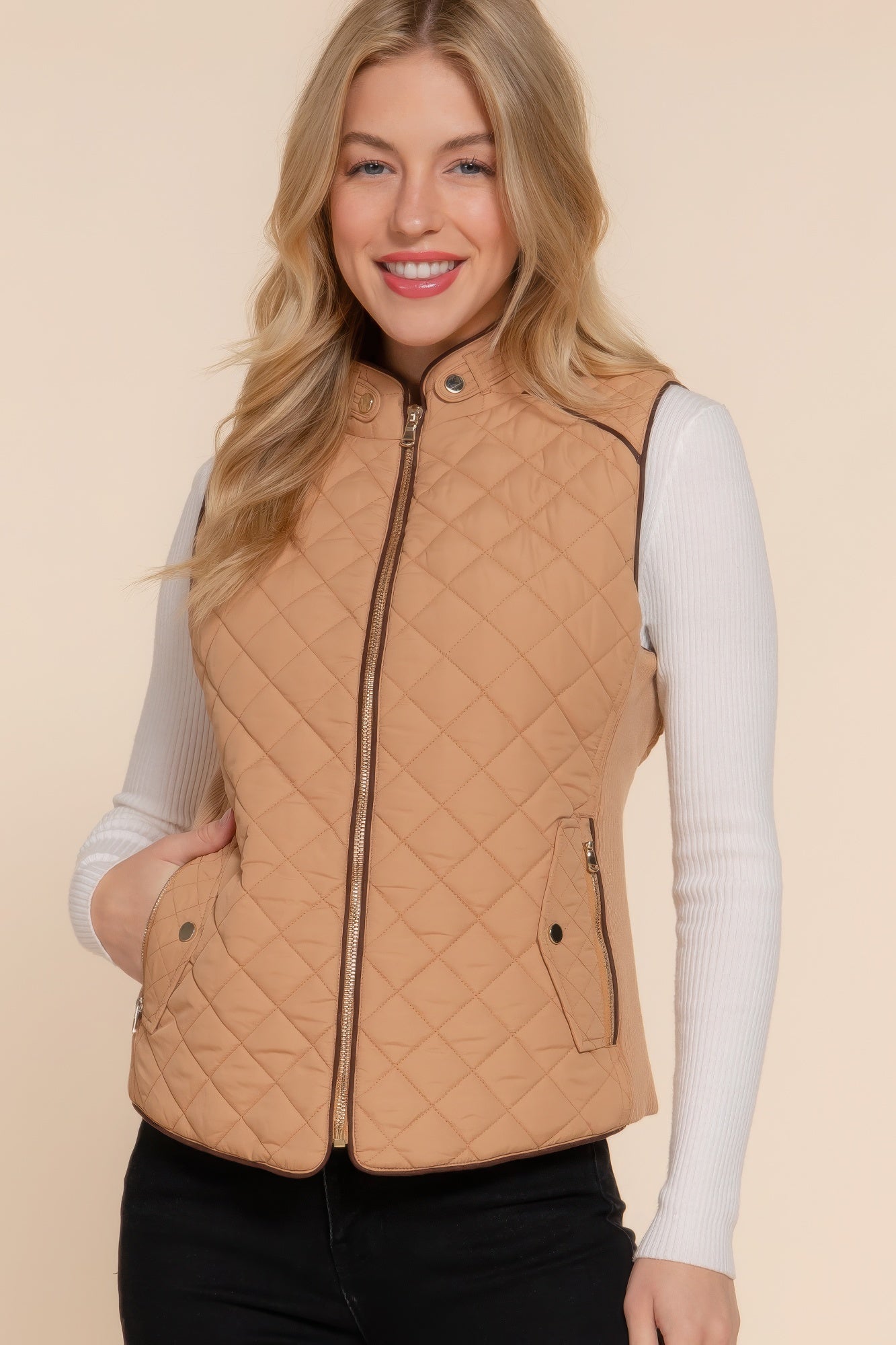 New Arrival – Suede Piping Quilted Padding Vest – New Arrival Now Live