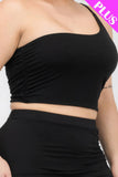 Plus Size One Shoulder Ruched Crop Top & Mini Skirt Set