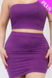 Plus Size One Shoulder Ruched Crop Top & Mini Skirt Set