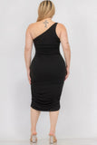 Plus Size Beautiful Solid Color Ruched One Shoulder Midi Bodycon Dress