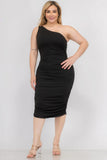 Plus Size Beautiful Solid Color Ruched One Shoulder Midi Bodycon Dress