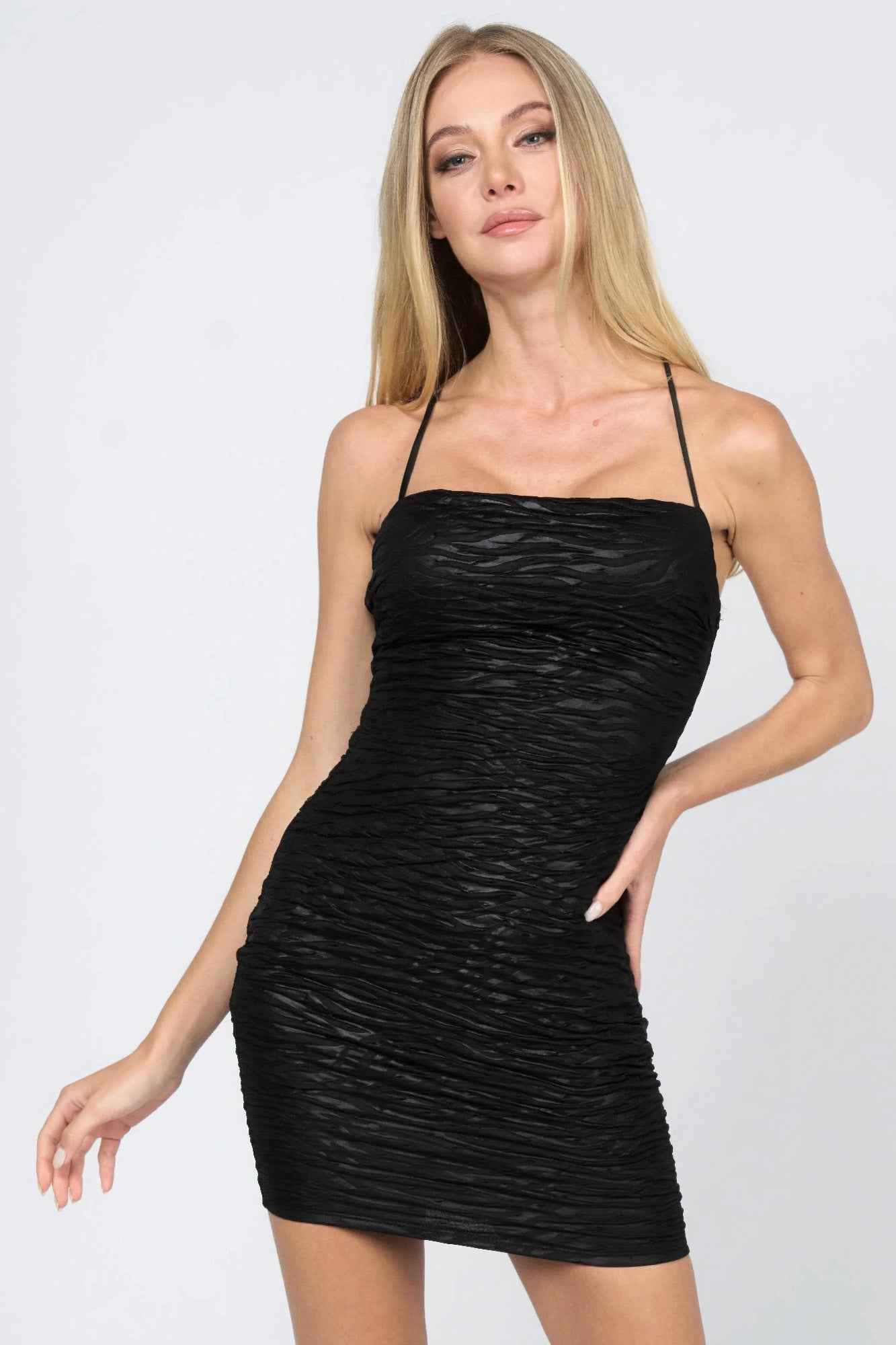 New Arrival – Textured coating knit sleeveless darwsrting lace back bodycon mini dress – New Arrival Now Live