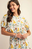 Printed elastic waistband short sleeve top