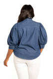 Washed denim puff sleeve blouse with tie