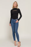 Long slv mock neck kyehole rib knit top