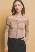 Ribbed bardot zip up long sleeve-Product Type | Naughty Smile Fashion