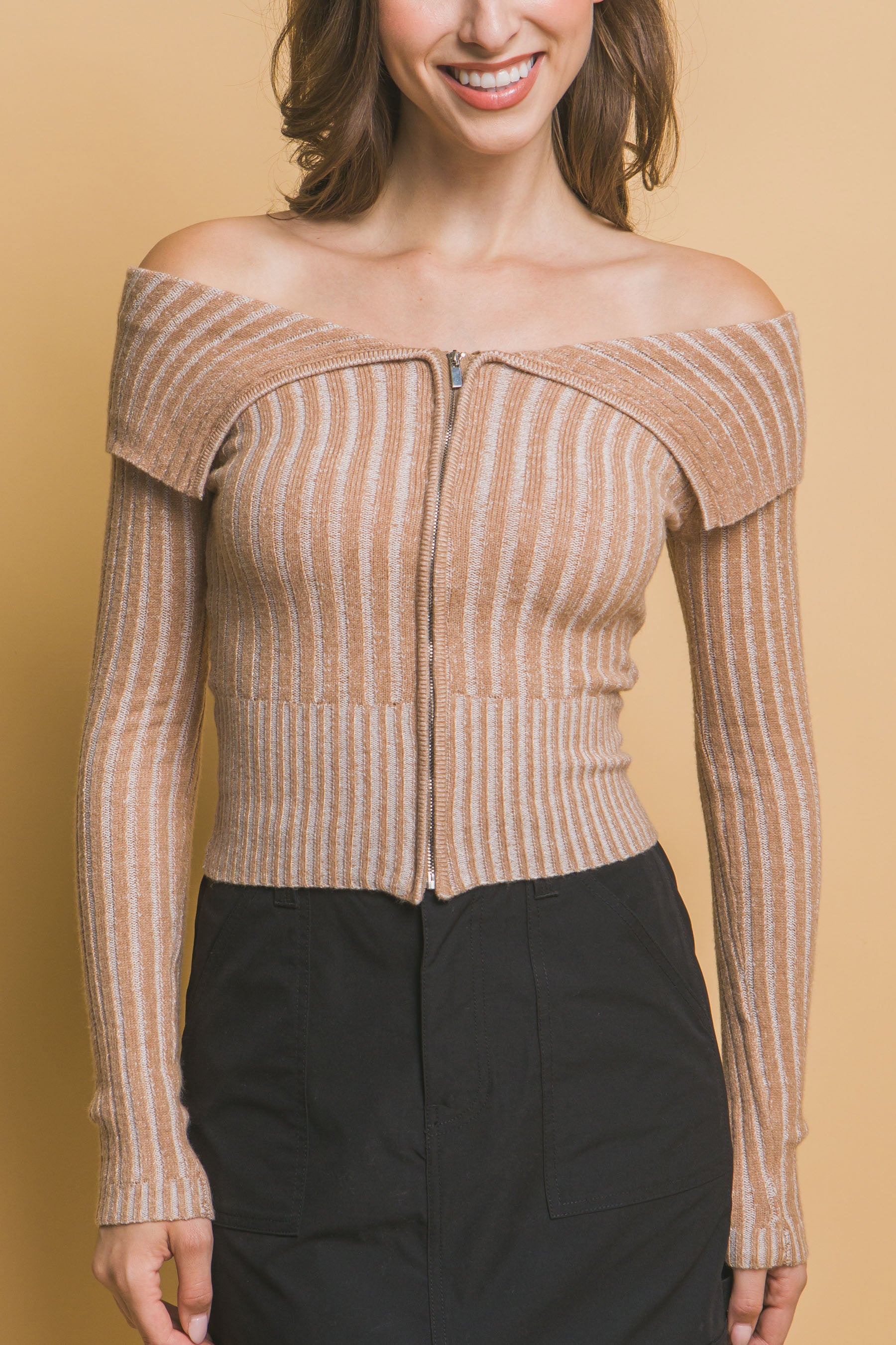 Ribbed bardot zip up long sleeve-Product Type | Naughty Smile Fashion