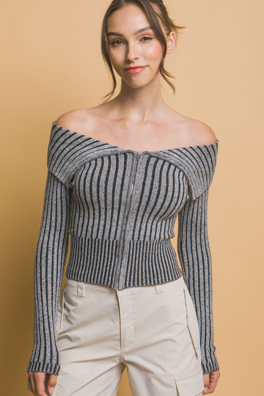 Ribbed bardot zip up long sleeve-Product Type | Naughty Smile Fashion