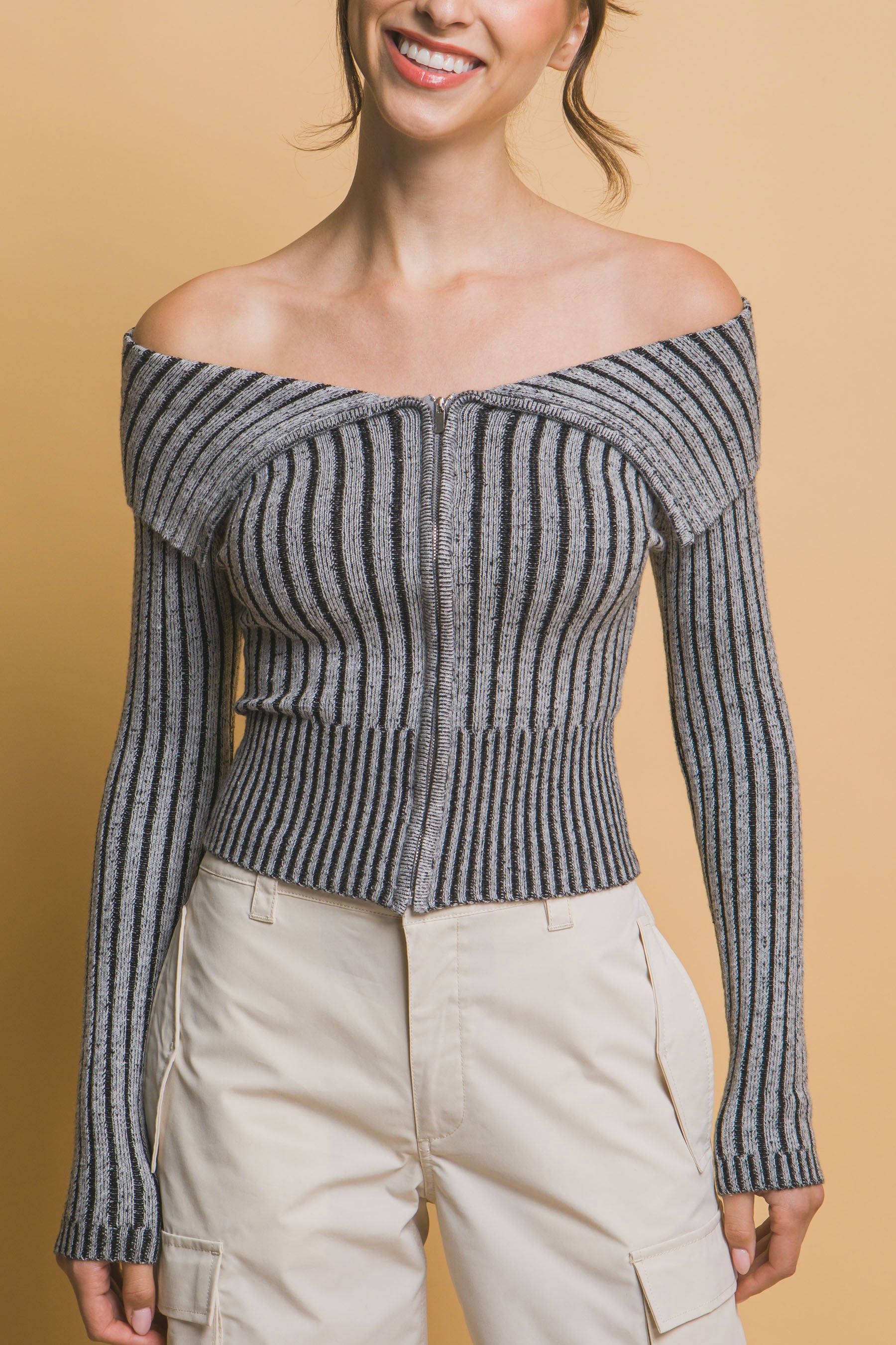 Ribbed bardot zip up long sleeve-Product Type | Naughty Smile Fashion