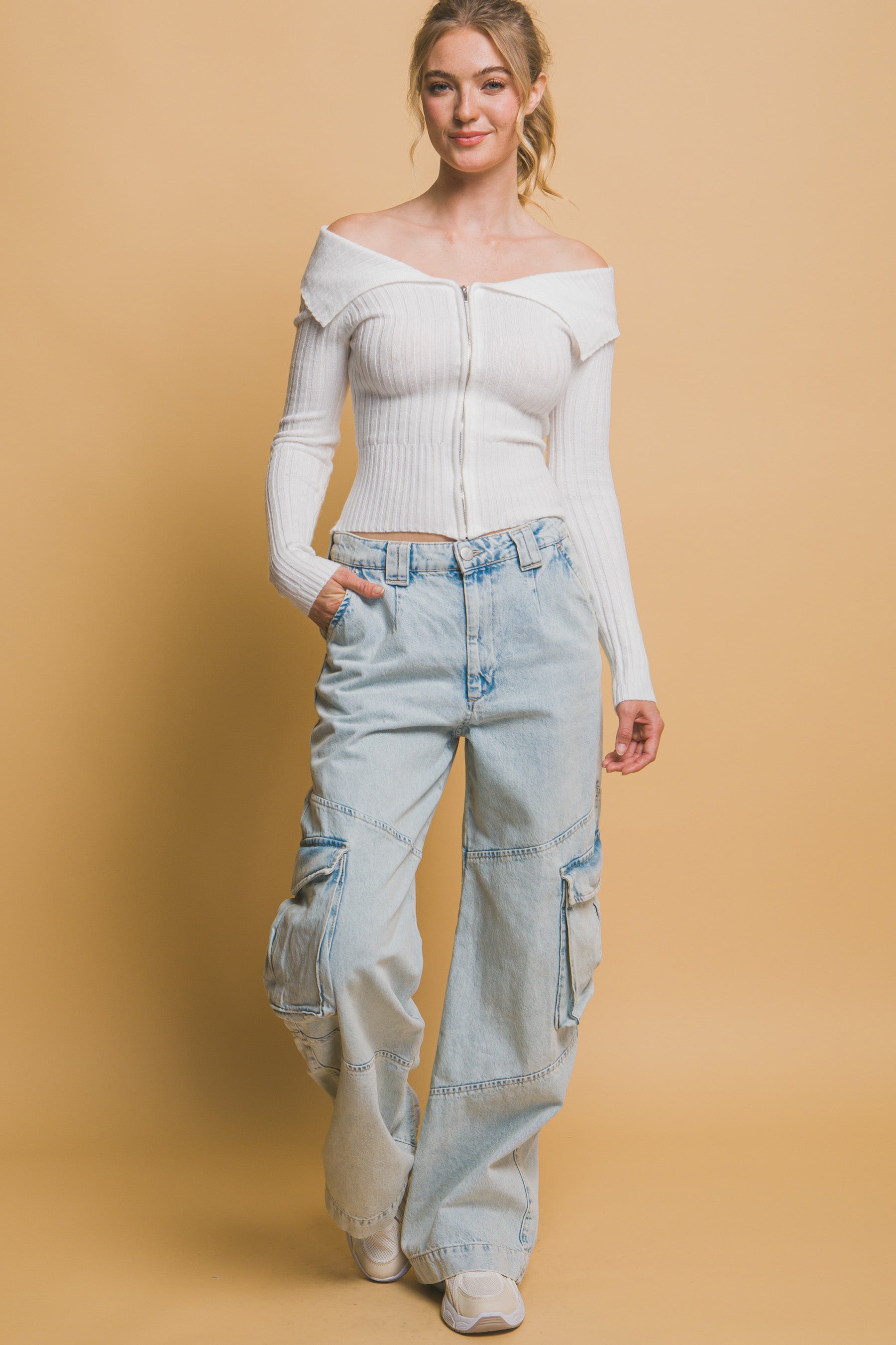 Ribbed bardot zip up long sleeve-Product Type | Naughty Smile Fashion