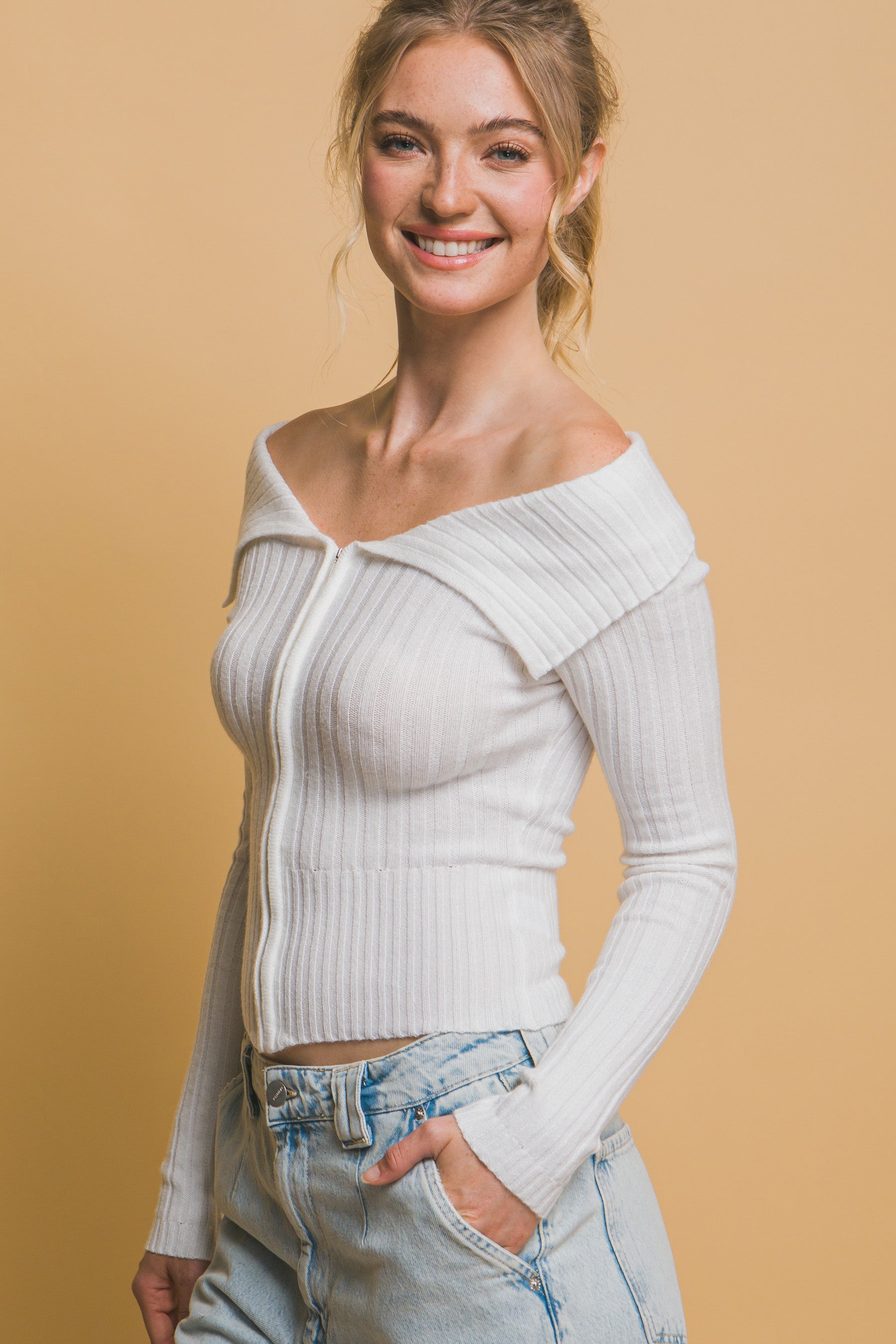 Ribbed bardot zip up long sleeve-Product Type | Naughty Smile Fashion