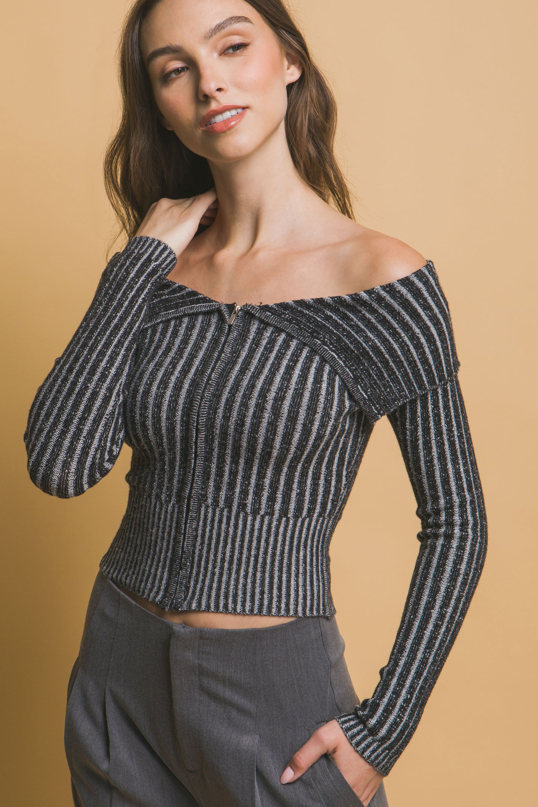 Ribbed bardot zip up long sleeve-Product Type | Naughty Smile Fashion