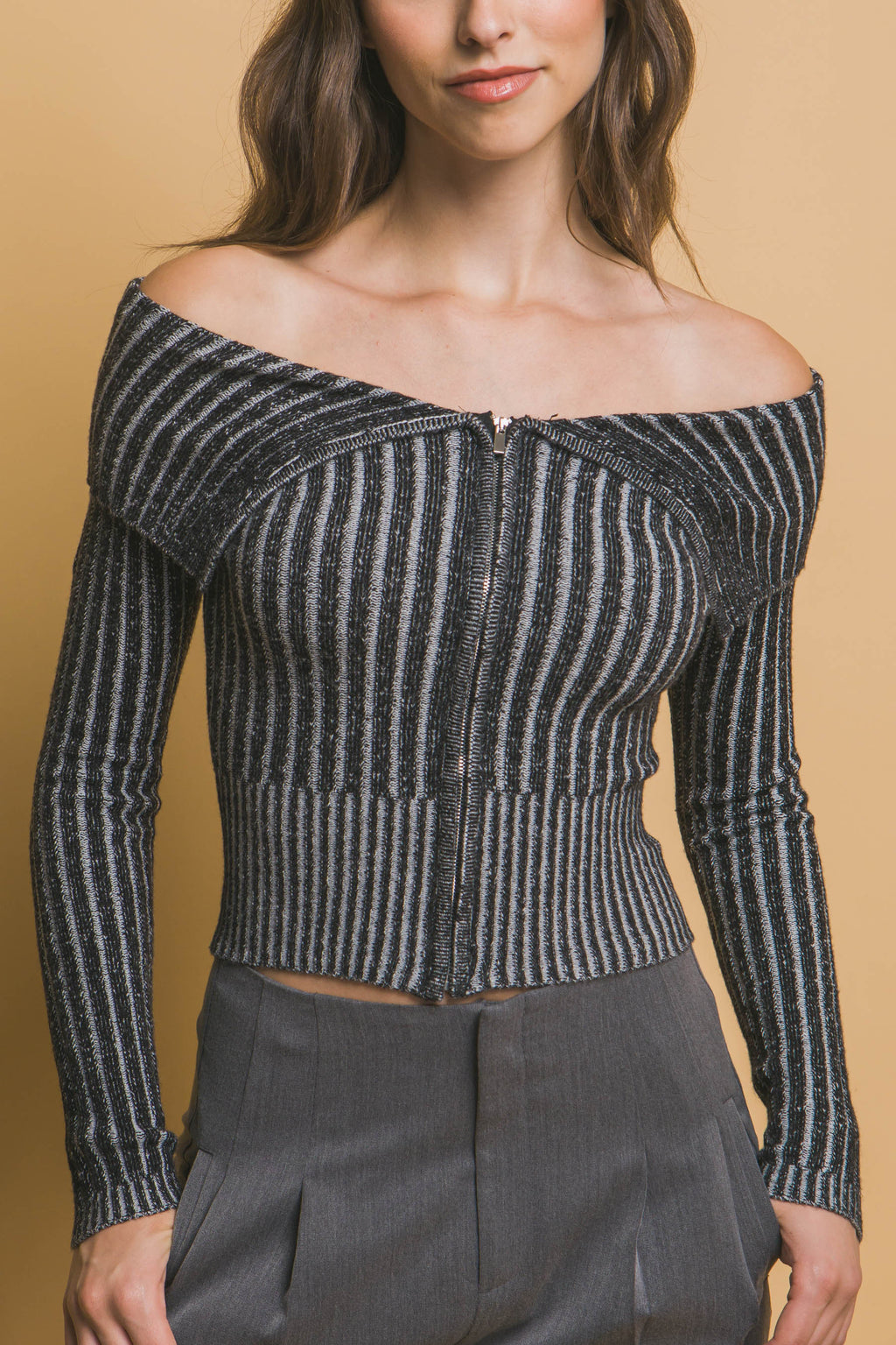 Ribbed bardot zip up long sleeve-Product Type | Naughty Smile Fashion