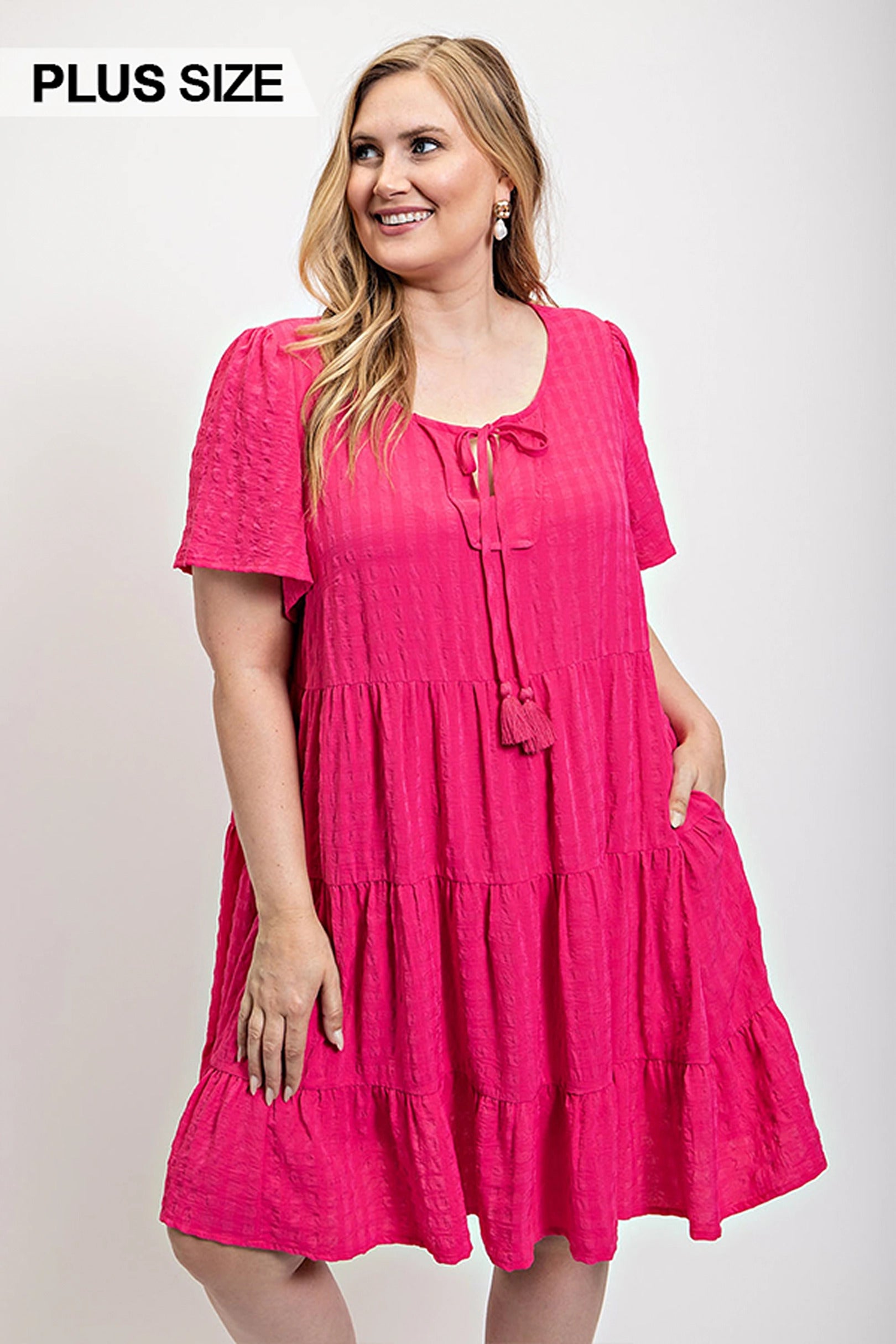 New Arrival – Textured woven tiered dress with tassel tie and pockets – New Arrival Now Live