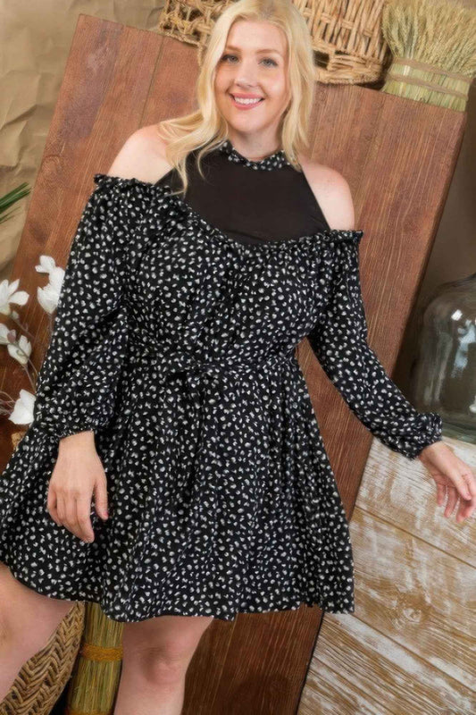 New Arrival – Plus Size Round Neck Contrast Mesh Cold Shoulder Ruffle Detail Back Tie Leopard Printed Dress – New Arrival Now Live