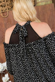 Plus Size Round Neck Contrast Mesh Cold Shoulder Ruffle Detail Back Tie Leopard Printed Dress