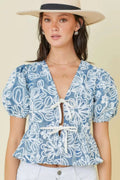 Denim Embroidered Crop Top With Front Tie Detail-Product Type | Naughty Smile Fashion