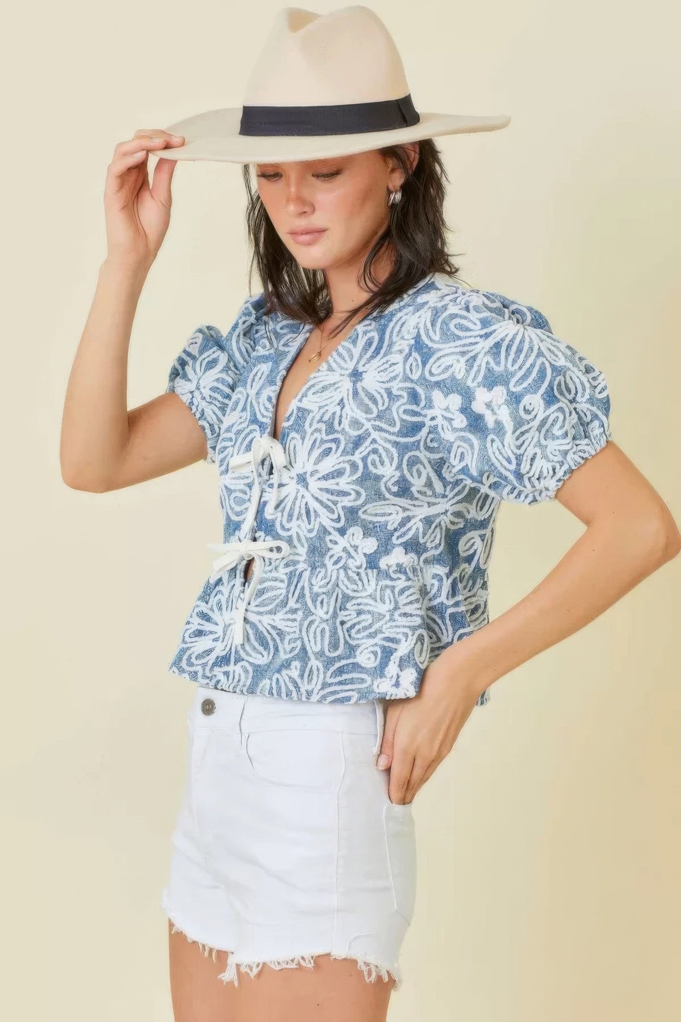 Denim Embroidered Crop Top With Front Tie Detail-Product Type | Naughty Smile Fashion