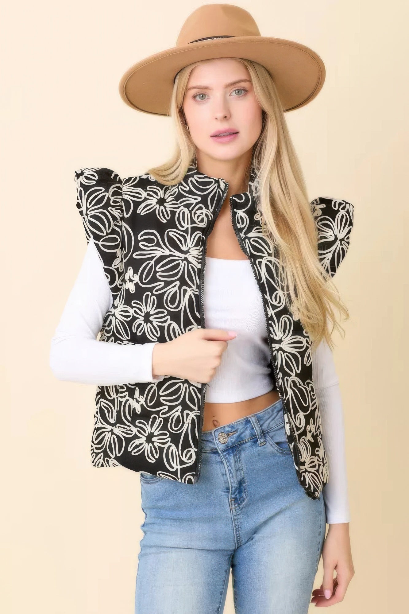 Floral Velvet Embroidered Denim Puffer Vest-Product Type | Naughty Smile Fashion