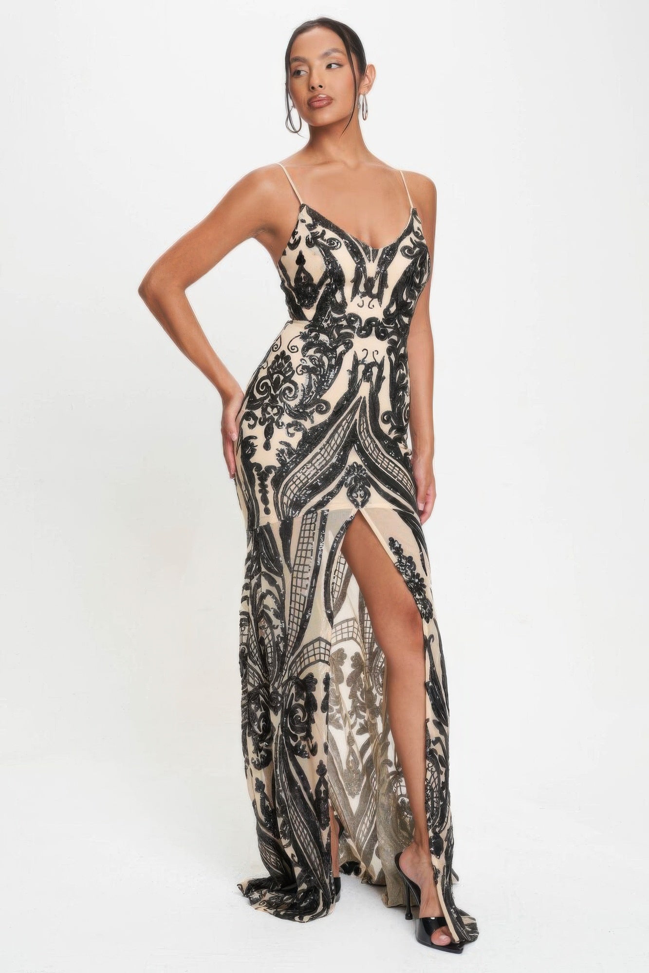 Spaghetti Strap Art Deco Sequins Maxi Dress-Product Type | Naughty Smile Fashion