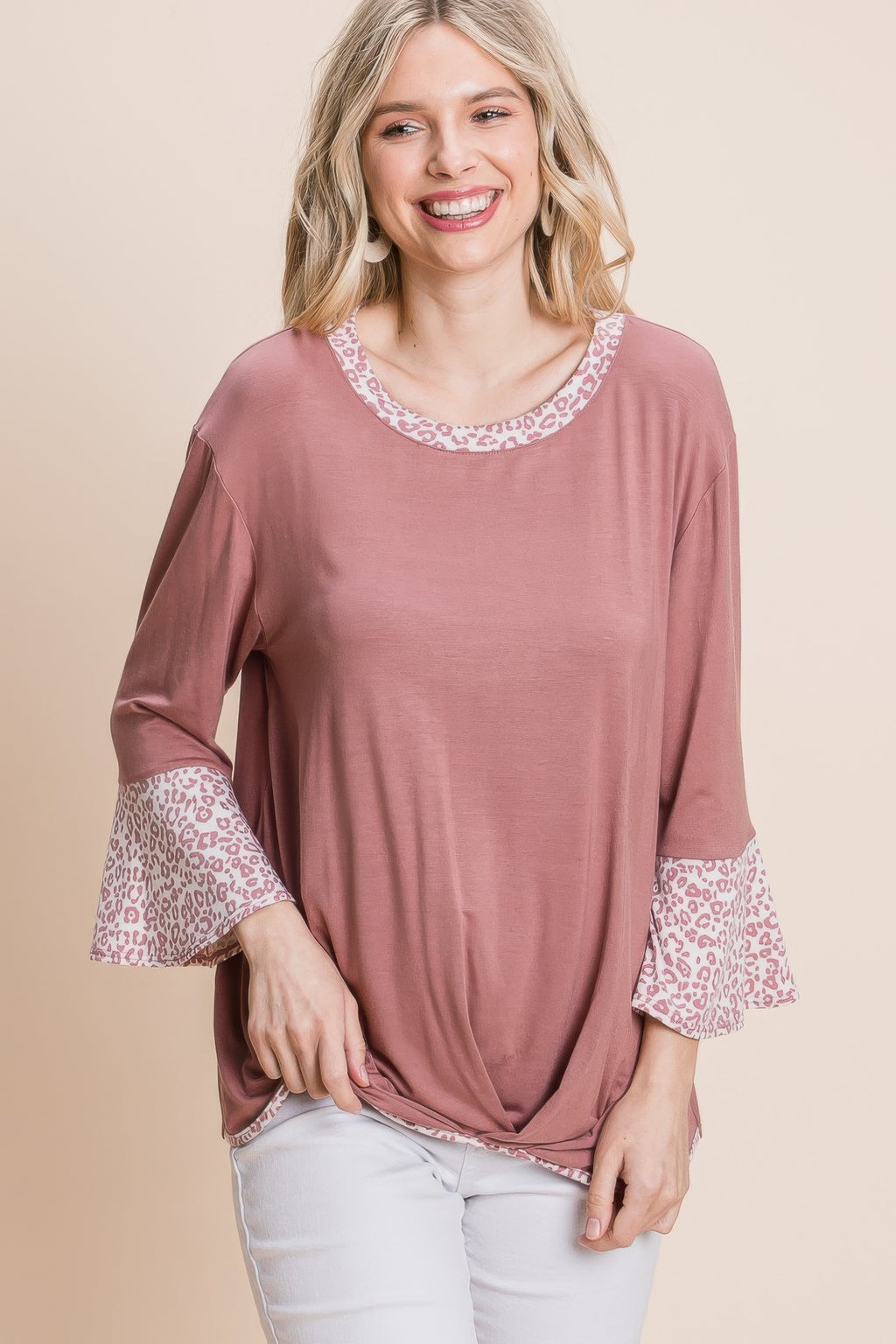 Animal Print Contrast Bell Sleeves Fashion Top With Gathered Front Hem-Product Type | Naughty Smile Fashion