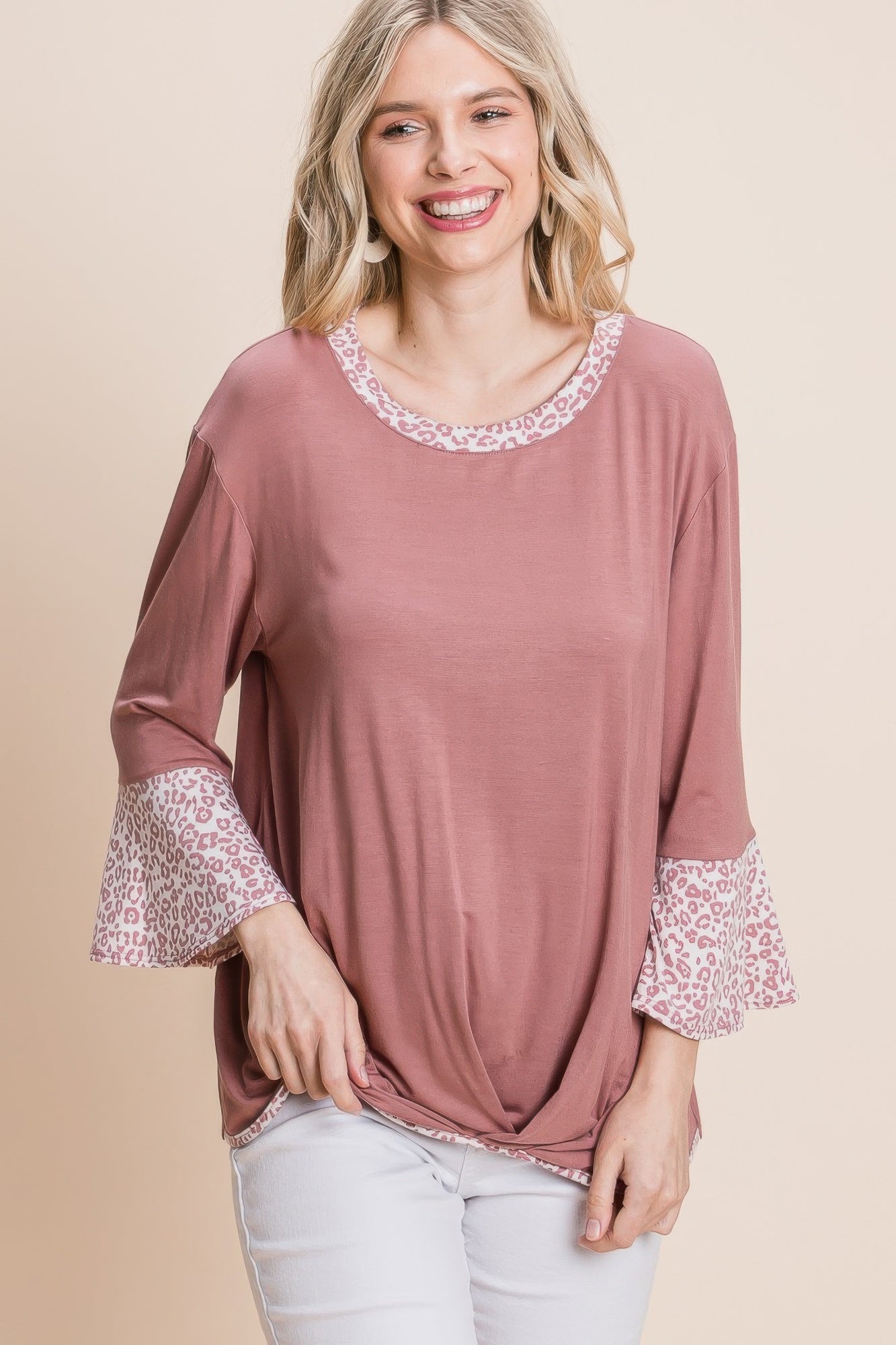 Animal Print Contrast Bell Sleeves Fashion Top With Gathered Front Hem-Product Type | Naughty Smile Fashion