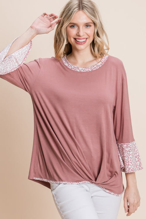 Animal Print Contrast Bell Sleeves Fashion Top With Gathered Front Hem-Product Type | Naughty Smile Fashion