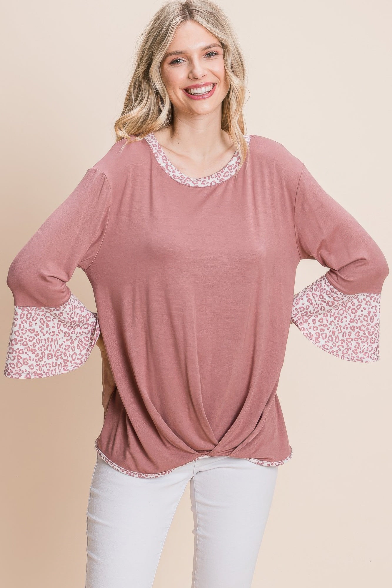 Animal Print Contrast Bell Sleeves Fashion Top With Gathered Front Hem-Product Type | Naughty Smile Fashion