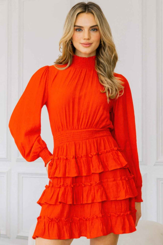 New Arrival – Long Sleeve Smocked Neck Tiered Ruffle Mini Dress – New Arrival Now Live