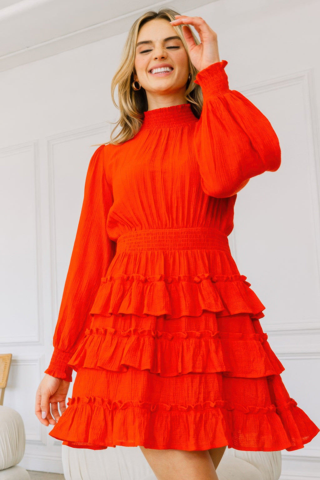 Long Sleeve Smocked Neck Tiered Ruffle Mini Dress-Product Type | Naughty Smile Fashion