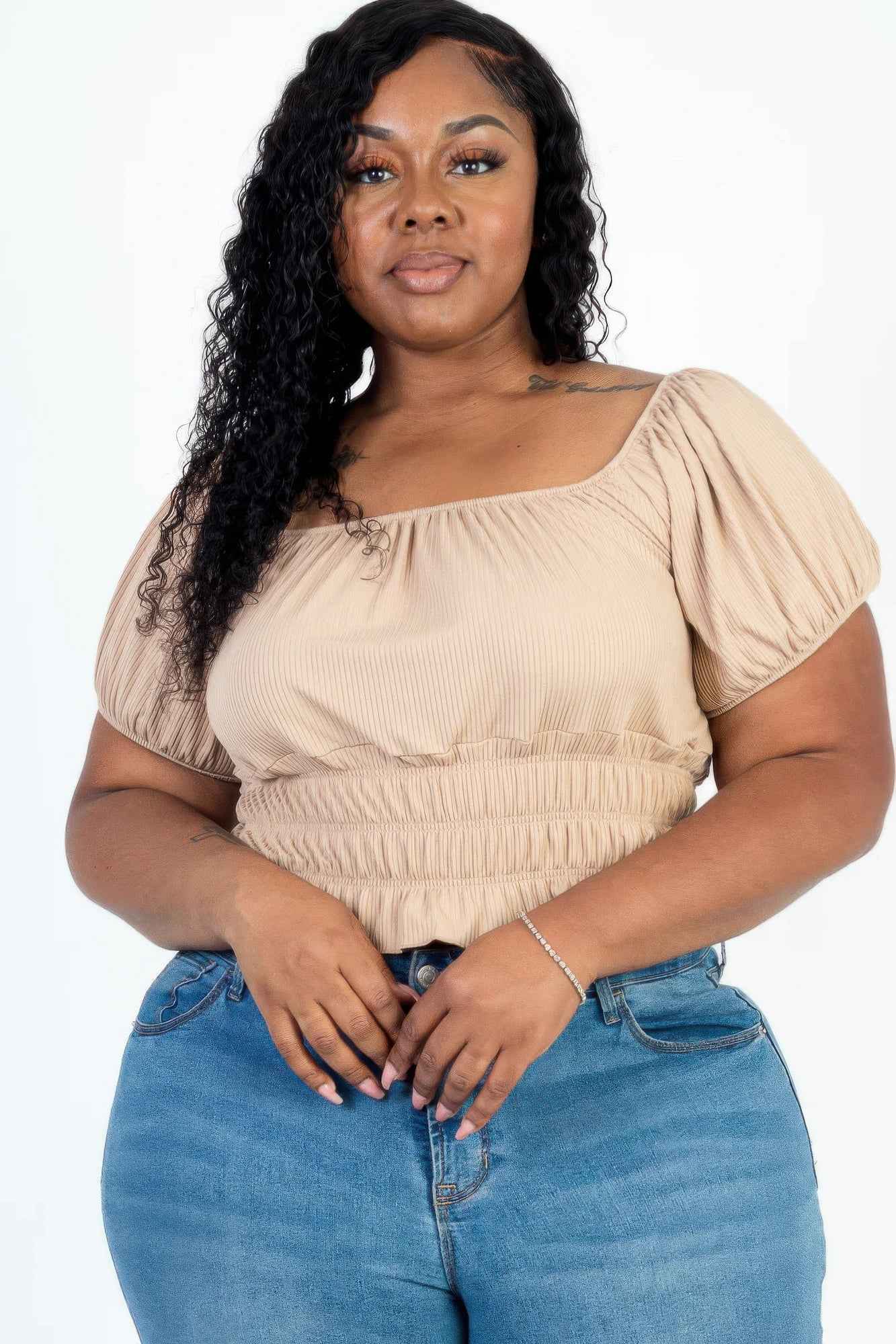 New Arrival – Plus size casual ruched puff sleeve ribbed knit solid top – New Arrival Now Live