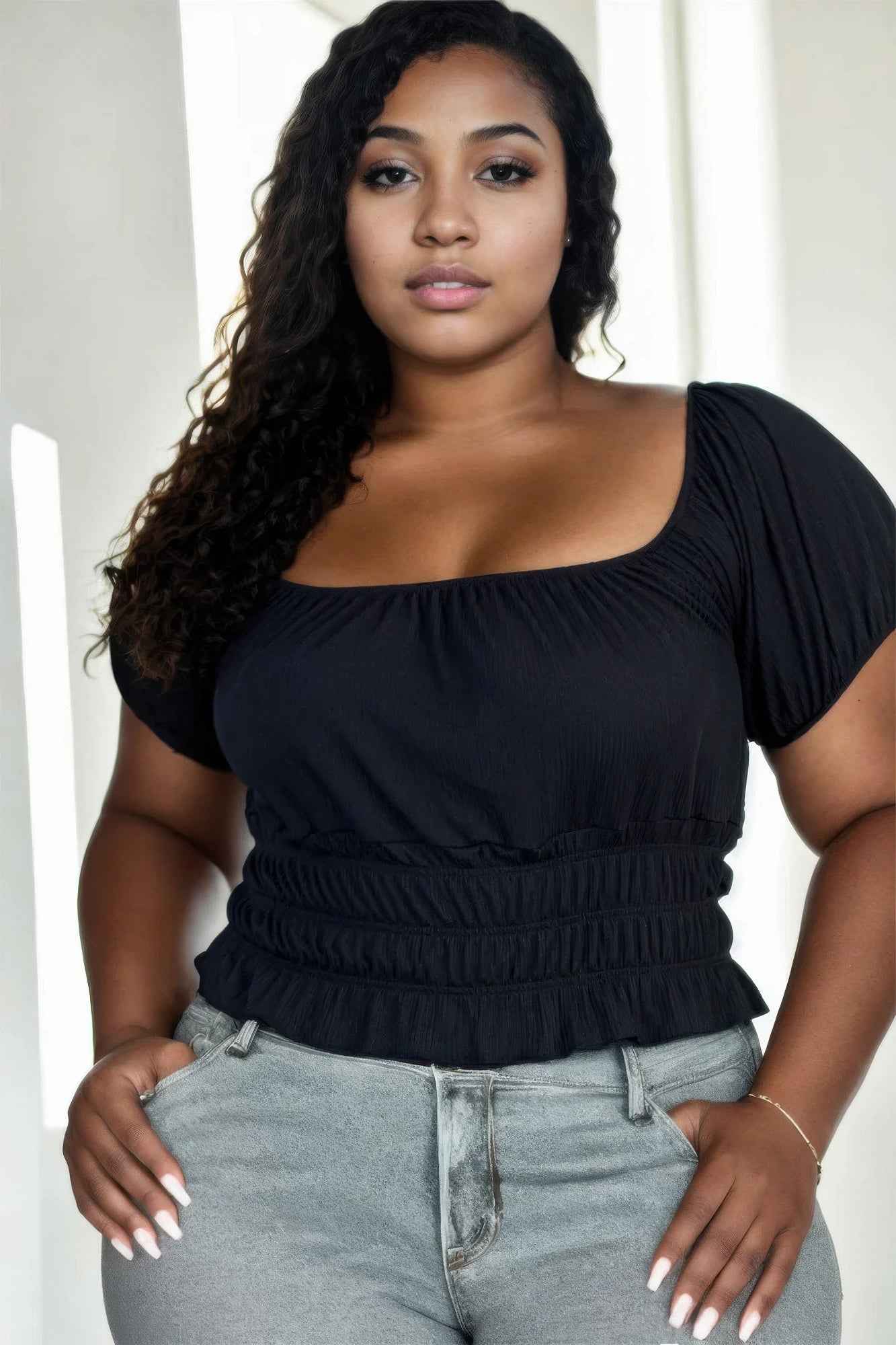 New Arrival – Plus size casual ruched puff sleeve ribbed knit solid top – New Arrival Now Live