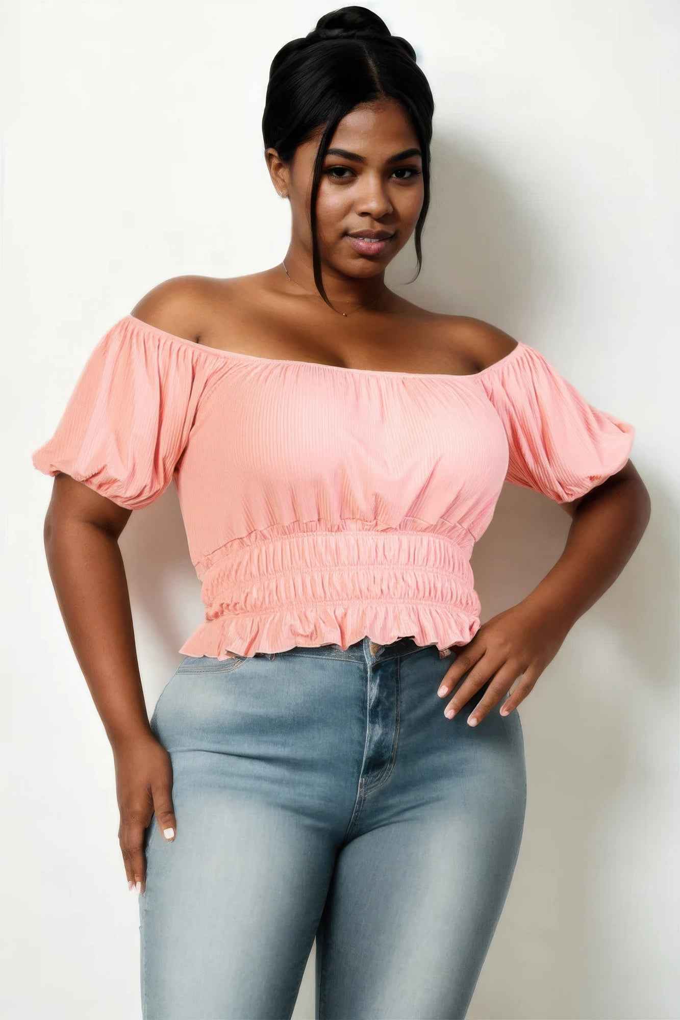 New Arrival – Plus size casual ruched puff sleeve ribbed knit solid top – New Arrival Now Live