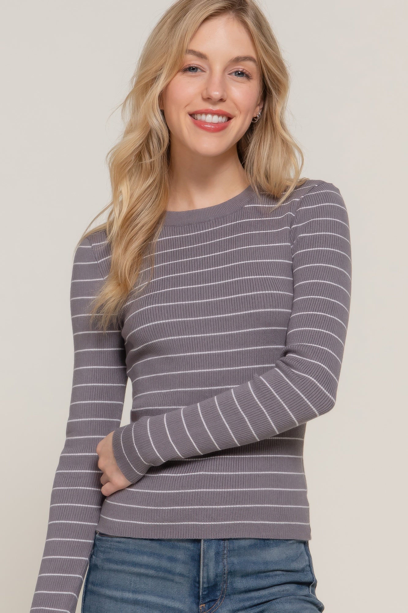New Arrival – Long slv crew neck stripe sweater – New Arrival Now Live