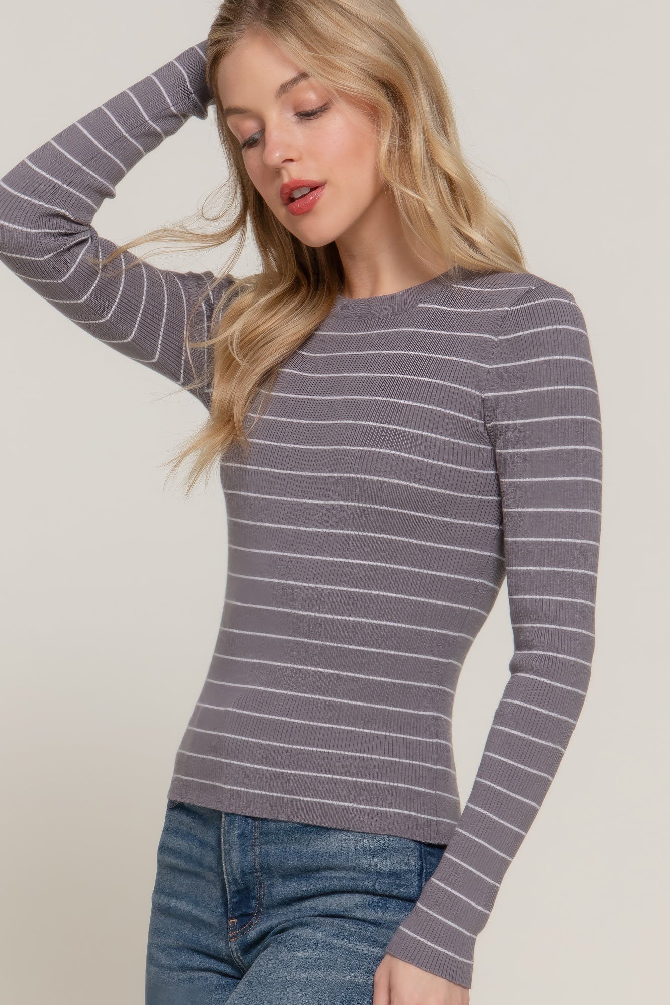 Long slv crew neck stripe sweater-Product Type | Naughty Smile Fashion