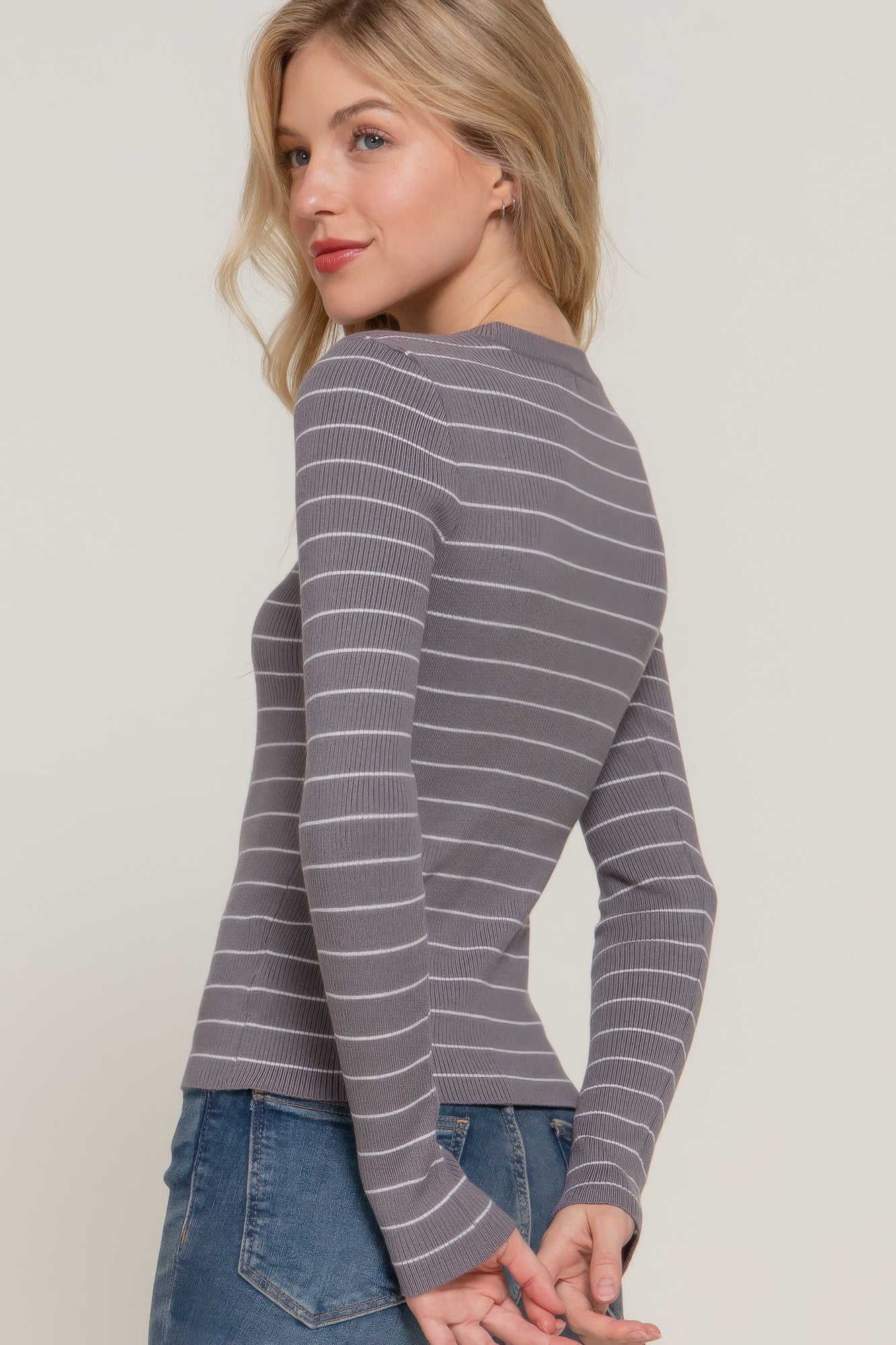 Long slv crew neck stripe sweater-Product Type | Naughty Smile Fashion